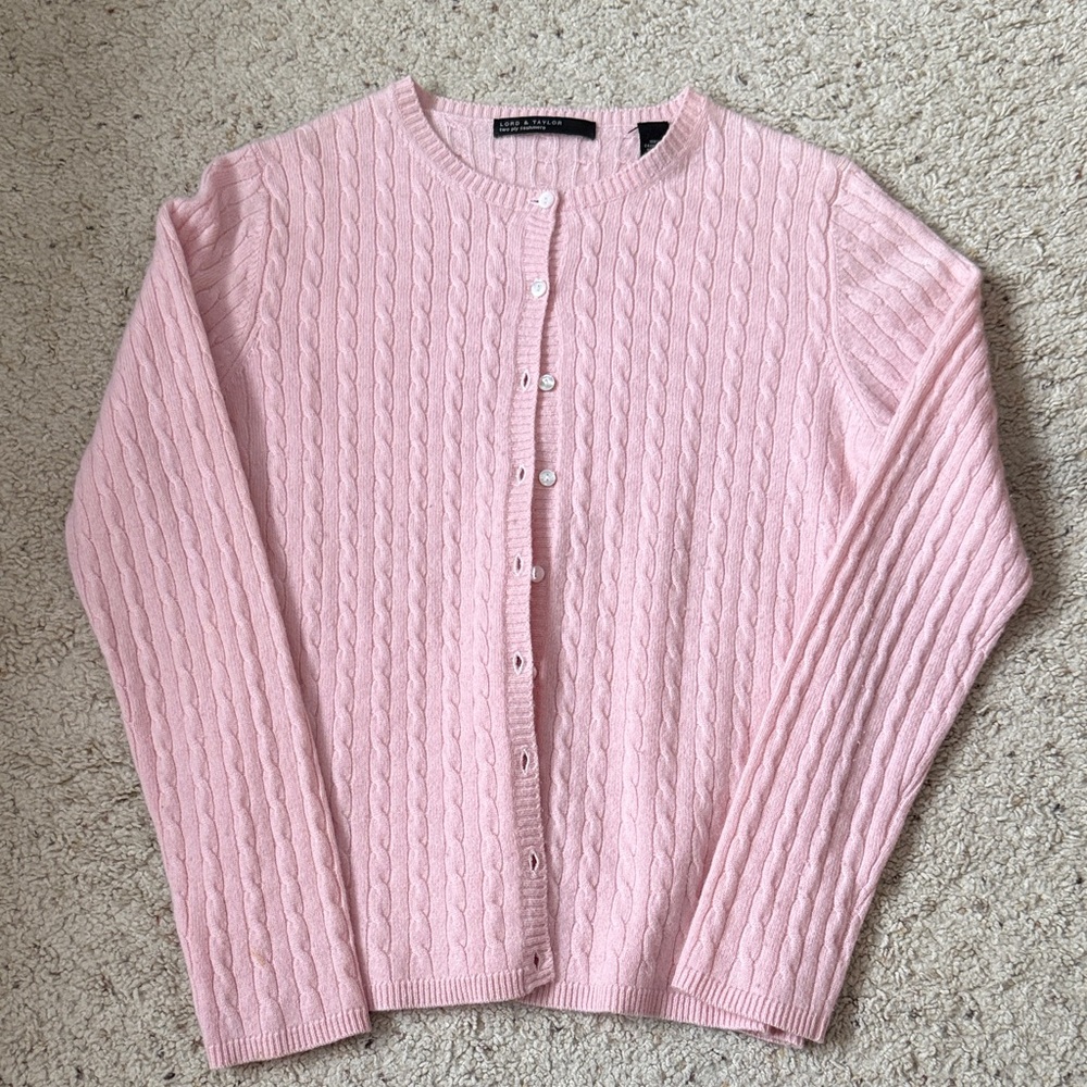 Lord & Taylor Cashmere Light Pink Cable Knit Cardigan. Size S.